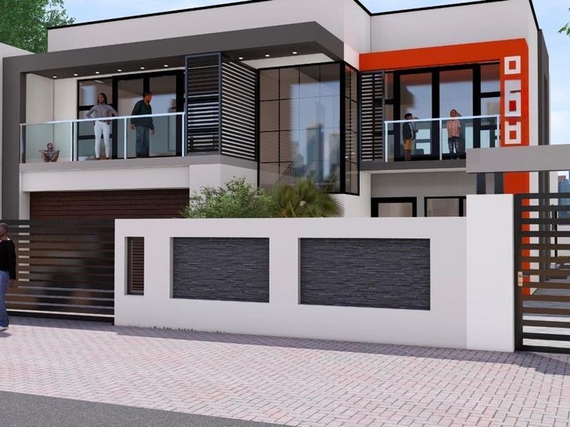 A modern two-story residential facade featuring clean lines, glass-railed balconies, and a secure gated entrance with a paved driveway.