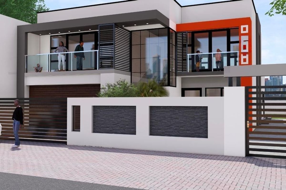 A modern two-story residential facade featuring clean lines, glass-railed balconies, and a secure gated entrance with a paved driveway.