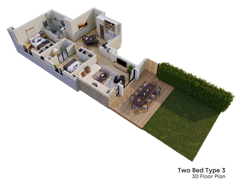 A 3D floor plan rendering of a two-bedroom apartment featuring an open-plan living area, modern kitchen, two bathrooms, and a private outdoor deck with garden.