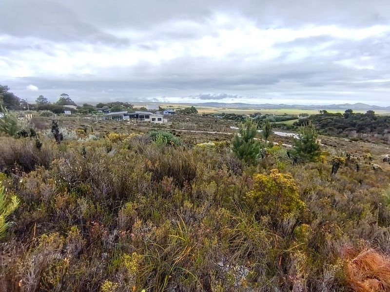 A wide-angle view of the vacant residential land featuring natural vegetation, surrounding landscape, and distant hills under a cloudy sky.