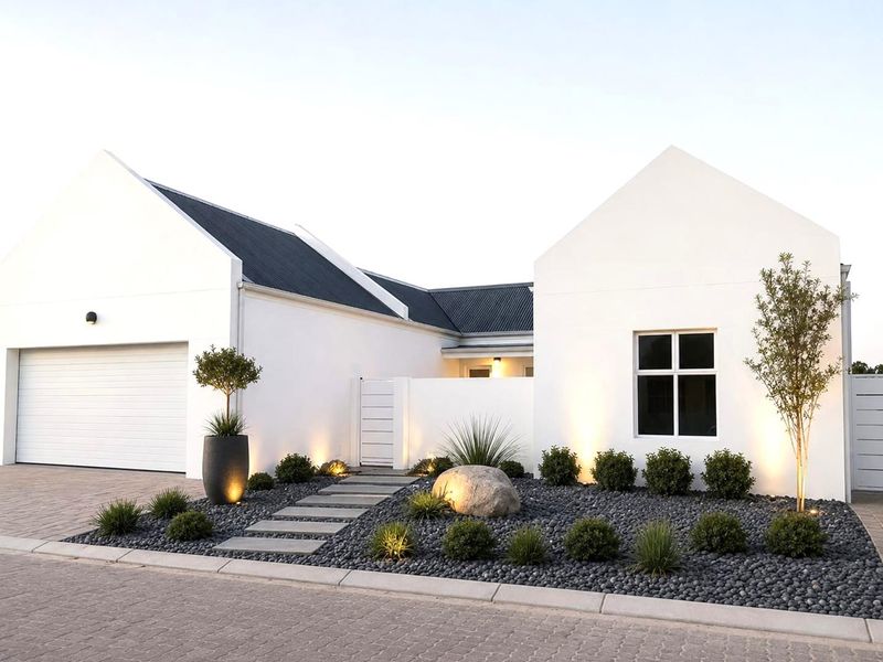 Modern front elevation featuring a clean white facade, dark metal roof, integrated garage, and professionally landscaped garden with stone pathways.