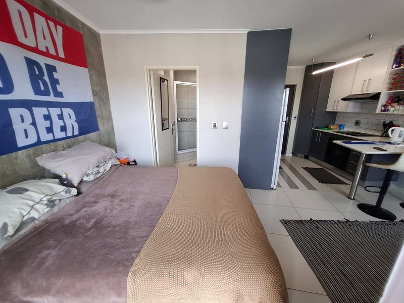 Open-plan apartment layout featuring a bedroom area adjacent to a modern kitchen with built-in cabinetry and a separate bathroom access.