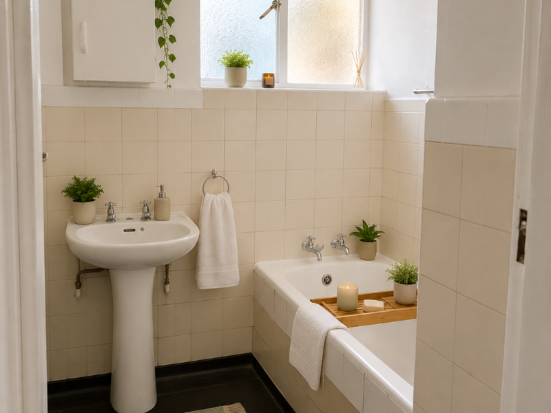 A compact bathroom featuring a classic pedestal basin, a built-in bathtub with tiled surround, and a window providing natural light.