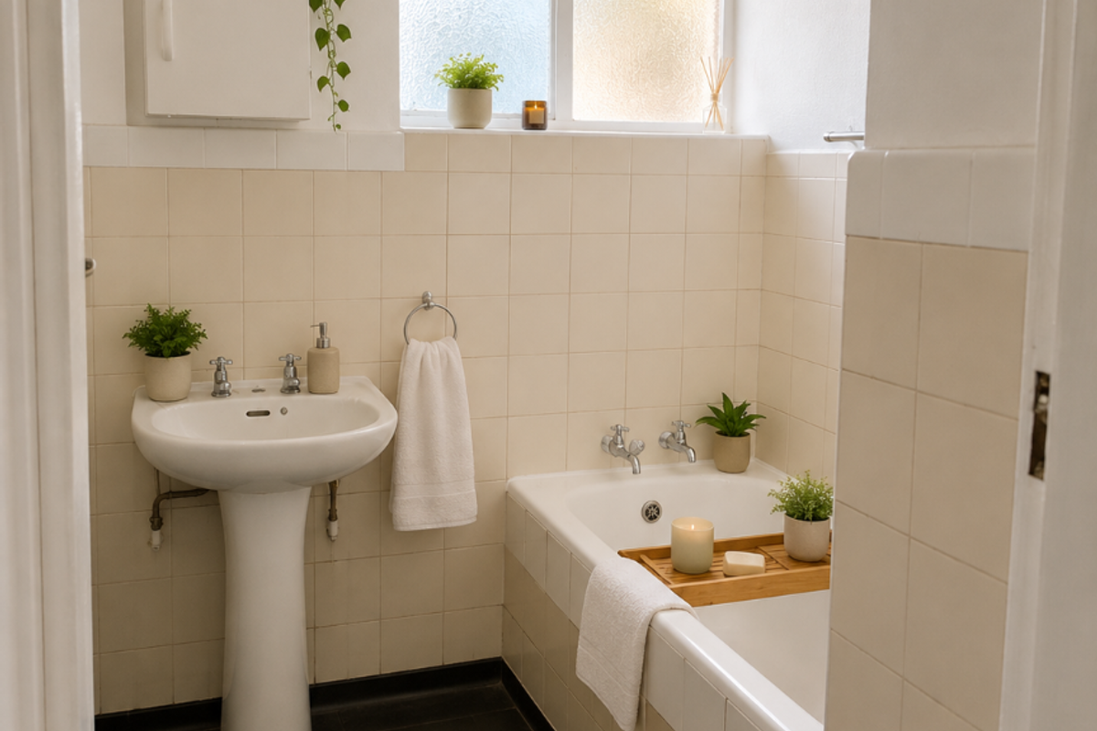 A compact bathroom featuring a classic pedestal basin, a built-in bathtub with tiled surround, and a window providing natural light.