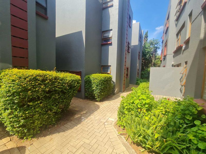 A view of the apartment complex exterior featuring paved walkways and landscaped garden areas between the building blocks.