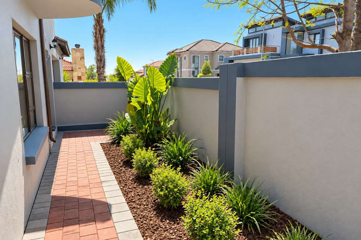 A well-maintained side garden area featuring a neat paved walkway, landscaped garden beds, and a modern boundary wall.