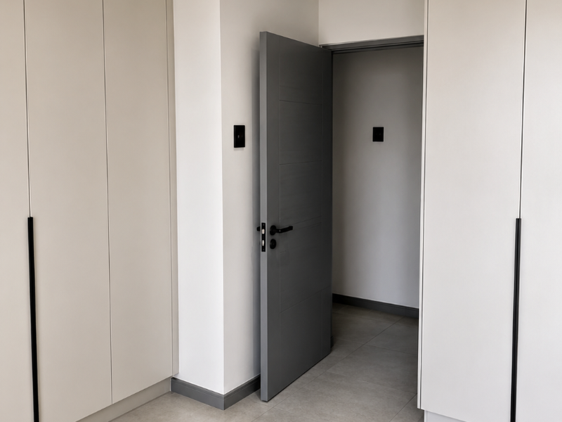 A modern, minimalist hallway featuring floor-to-ceiling built-in cabinetry, neutral tiled flooring, and recessed ceiling lighting with integrated air conditioning.