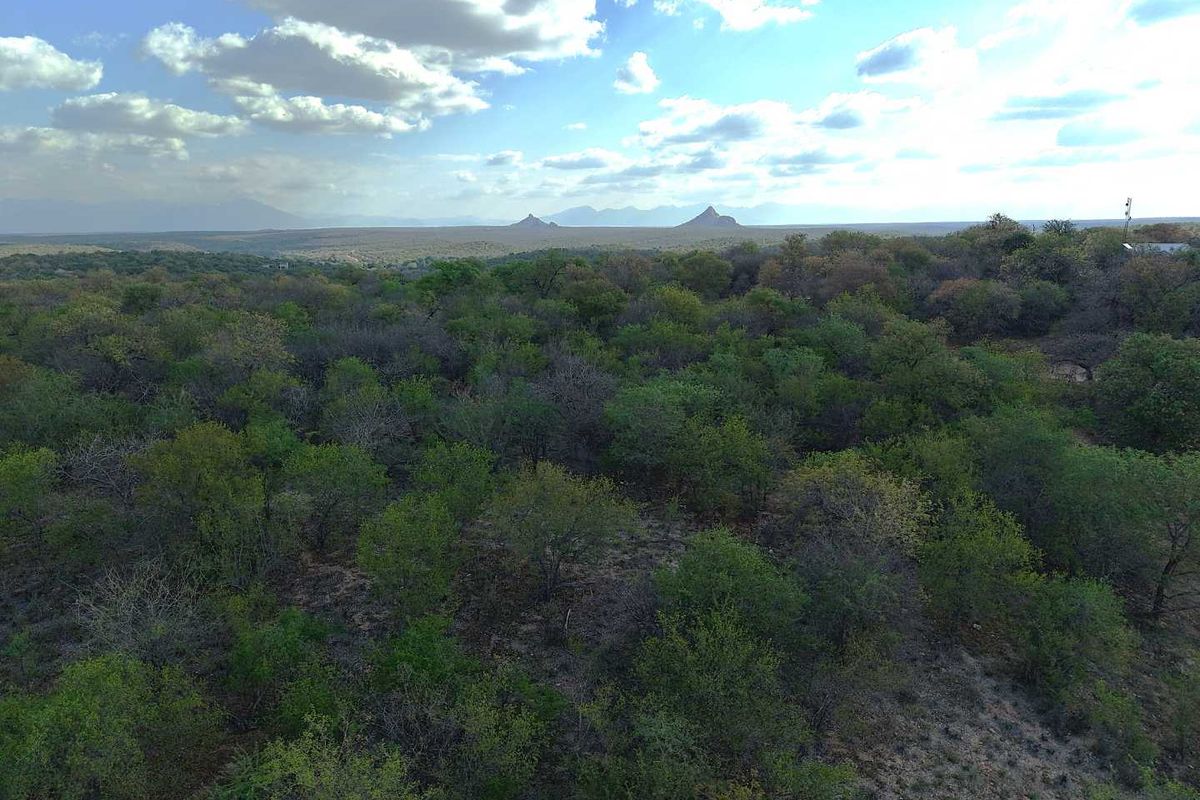An aerial view of the expansive, naturally vegetated residential land featuring scenic mountain vistas in the distance.
