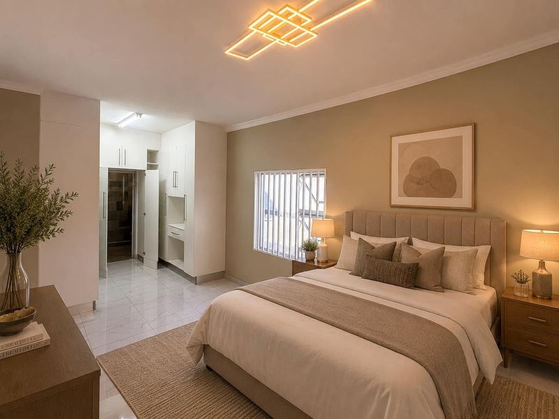 A well-maintained bedroom featuring tiled flooring, built-in cupboards, and a modern ceiling light fixture, creating a clean and contemporary living space.