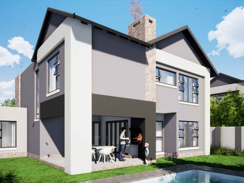 Rear view of a modern double-storey cluster home featuring a covered patio with built-in braai, swimming pool, and landscaped garden.
