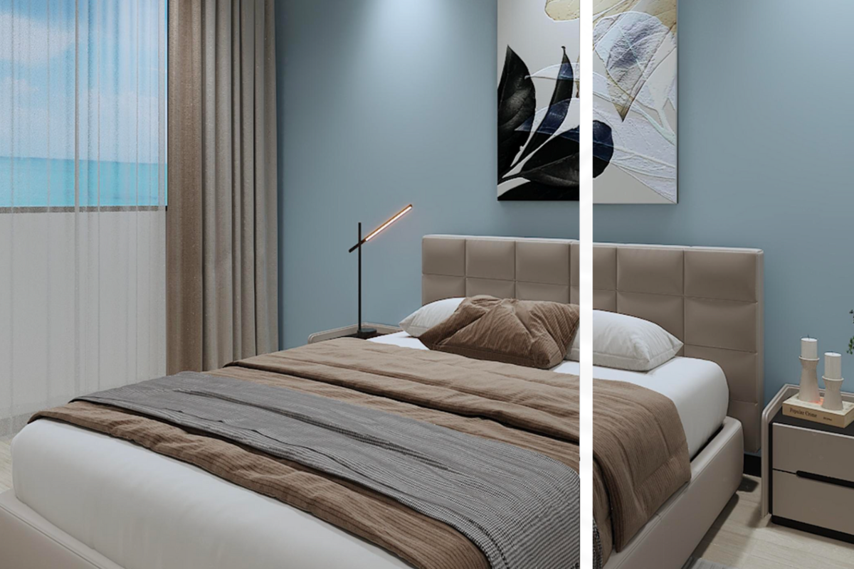 A modern bedroom featuring a neutral color palette, upholstered headboard, and large window with sheer curtains, creating a bright and comfortable living space.