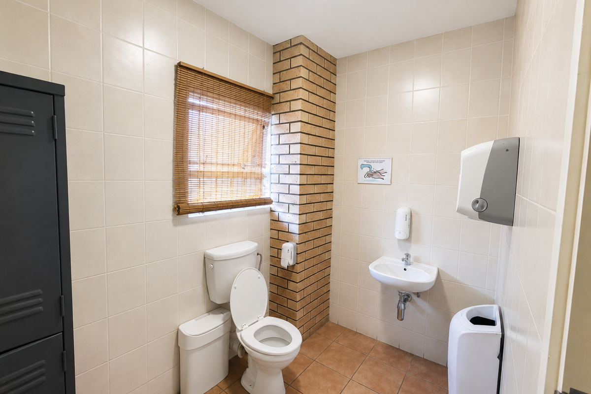A functional industrial restroom featuring tiled walls, a wall-mounted basin, a standard toilet, and a brick feature column.