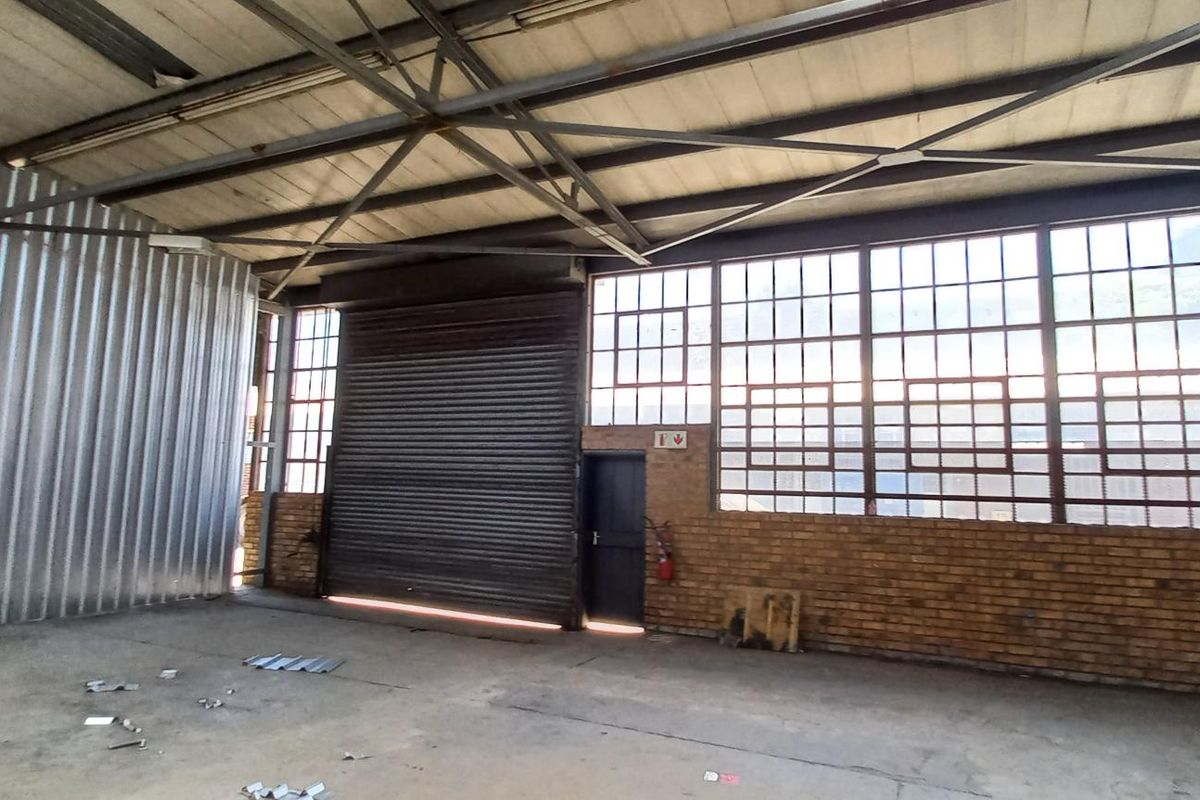 Spacious industrial utility area featuring high ceilings with exposed steel trusses, large steel-framed windows, a roller shutter door, and durable concrete flooring.