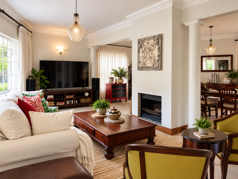 Spacious open-plan living and dining area featuring a central fireplace, elegant crown molding, and classic architectural columns.