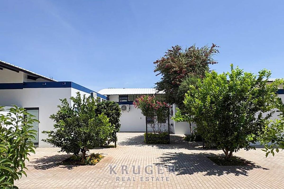 A paved courtyard area featuring established trees and white building exteriors, providing a clean and functional outdoor space.