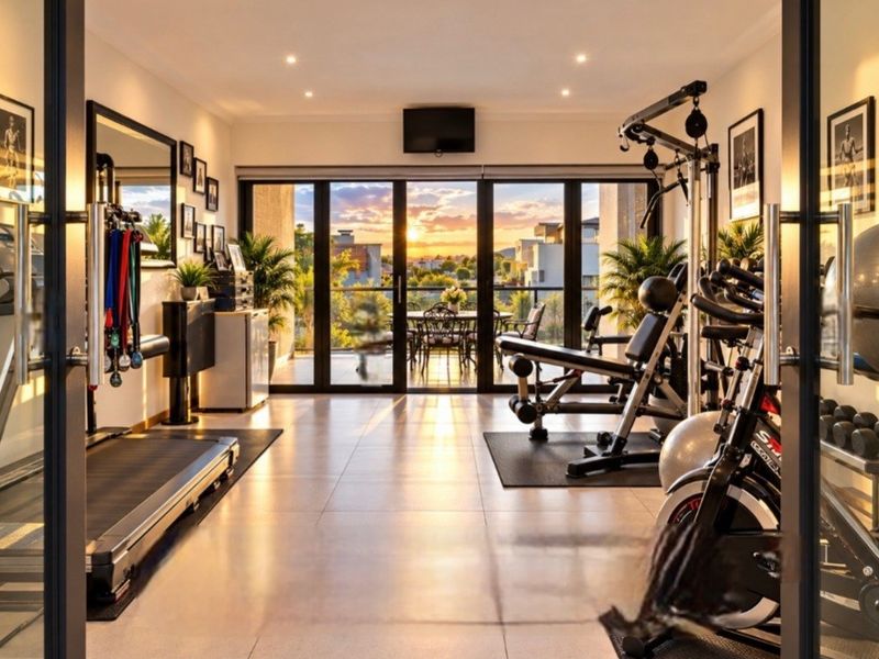 A well-lit home gym featuring large sliding glass doors that open onto a balcony with scenic sunset views.