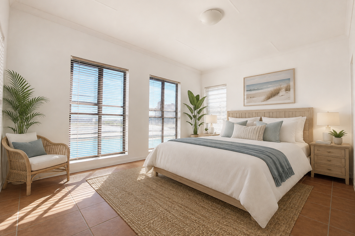 A bright and airy bedroom featuring terracotta floor tiles, large windows with venetian blinds, and a neutral color palette.