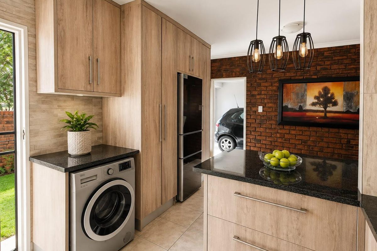 Modern kitchen featuring light wood cabinetry, granite countertops, exposed brick feature wall, and tiled flooring with direct access to the exterior.
