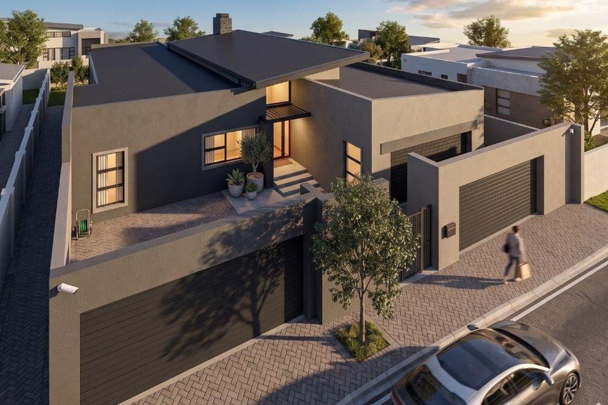 Aerial perspective of a modern contemporary house featuring a flat roof, double garage, and paved driveway within a secure estate setting.