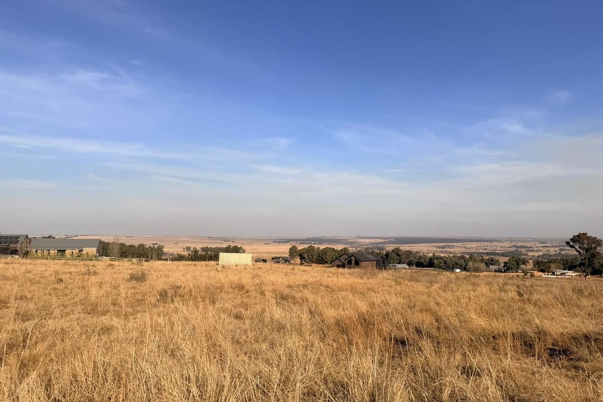 A wide-angle view of the expansive, dry grassy landscape and distant rural structures under a clear blue sky.