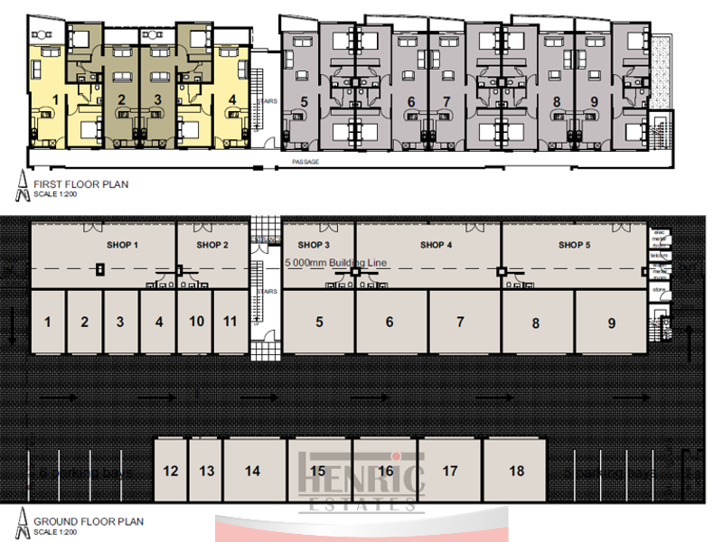 Architectural floor plan showing the layout of the first floor residential units and ground floor commercial shops and parking bays.