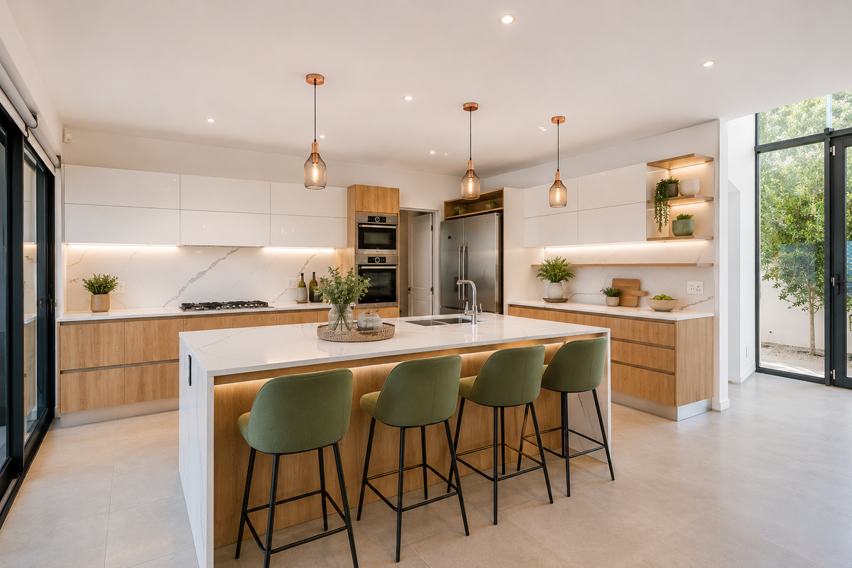 Modern kitchen featuring a large central island with quartz countertops, integrated appliances, sleek wood and white cabinetry, and ample natural light from sliding doors.