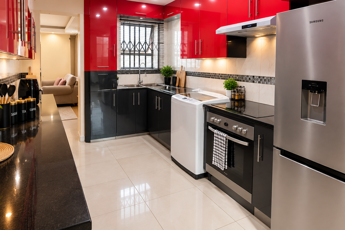 Modern kitchen featuring high-gloss red and black cabinetry, granite countertops, integrated appliances, and polished tile flooring with a view into the living area.
