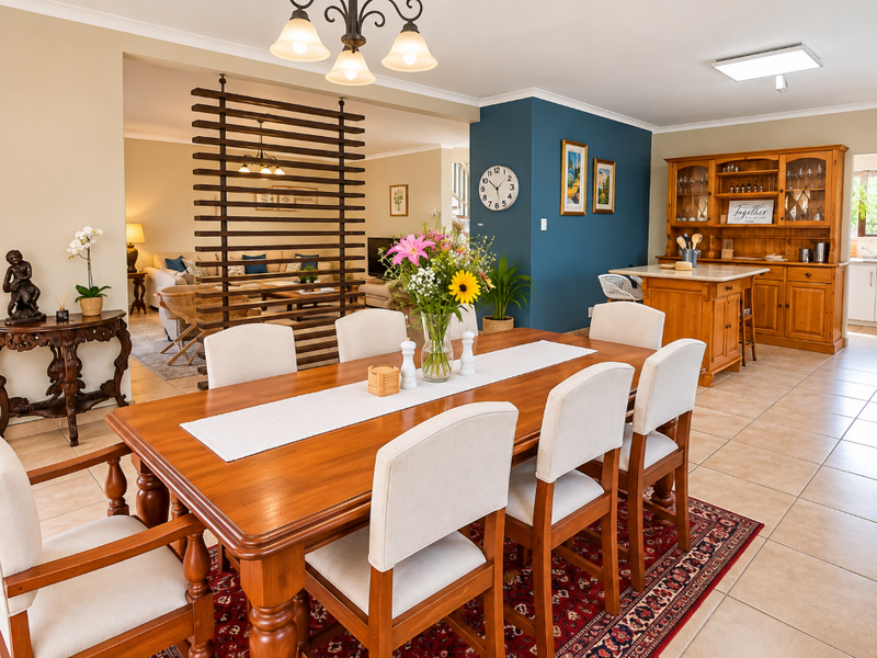 Spacious open-plan dining and kitchen area featuring tiled floors, a decorative timber room divider, and built-in wooden cabinetry.