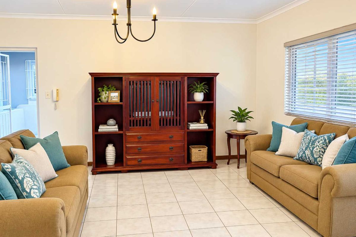 A well-maintained living room featuring neutral tiled flooring, classic chandelier lighting, and venetian blinds, offering a clean and functional space.