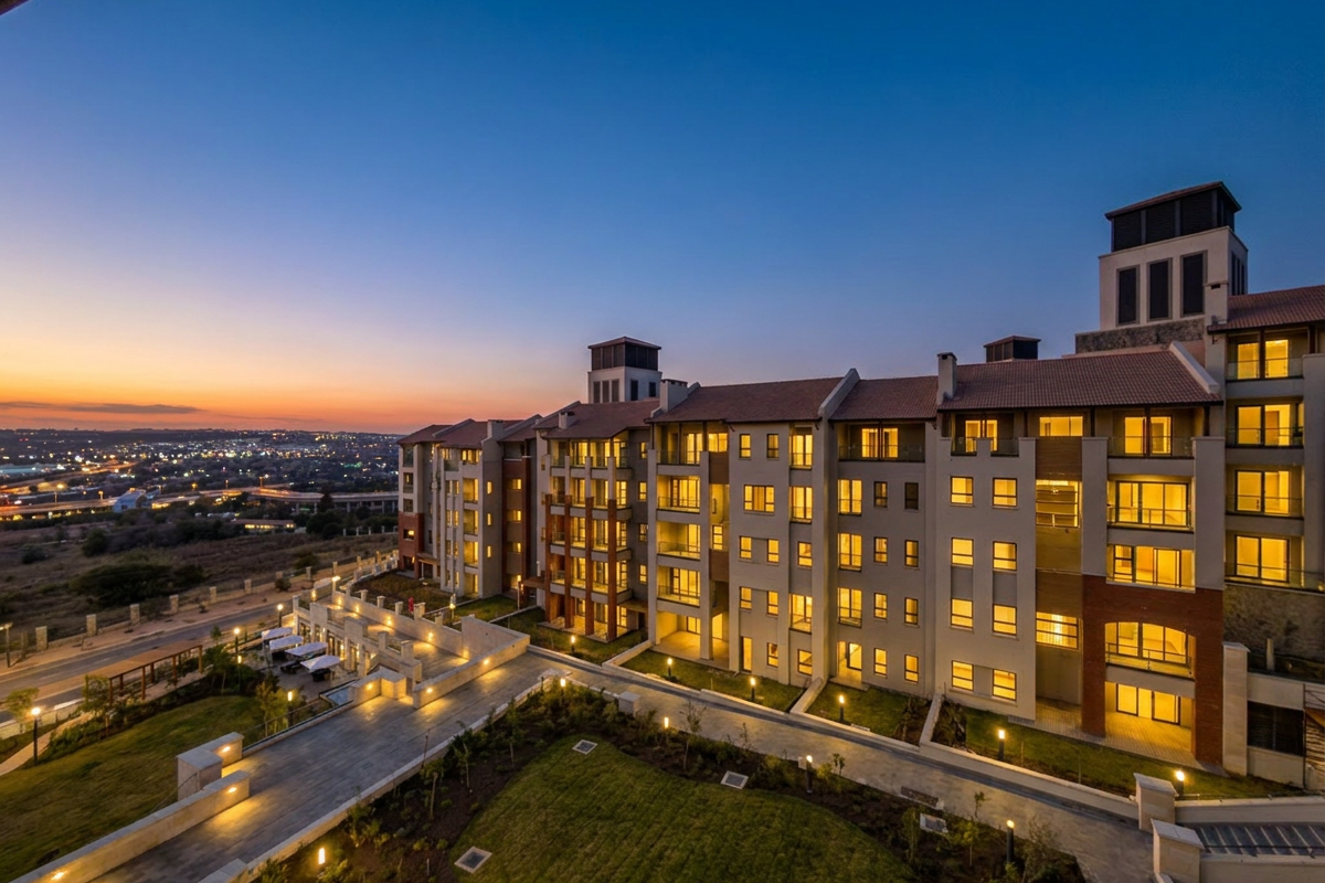 A stunning twilight aerial view of a modern apartment complex featuring landscaped grounds, paved walkways, and integrated exterior lighting.