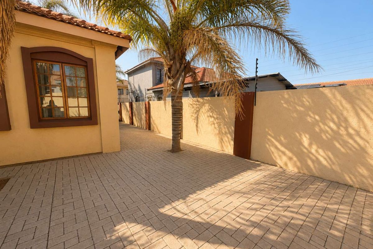 A well-maintained paved side yard area featuring a boundary wall with electric fencing and a mature palm tree.