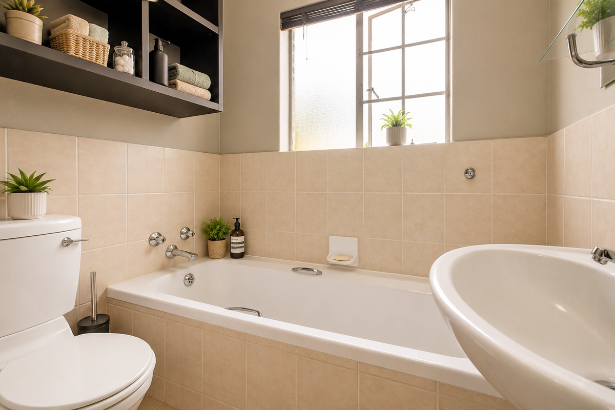 A well-maintained bathroom featuring a built-in bathtub, wall-mounted basin, toilet, and convenient built-in shelving with neutral wall tiling.