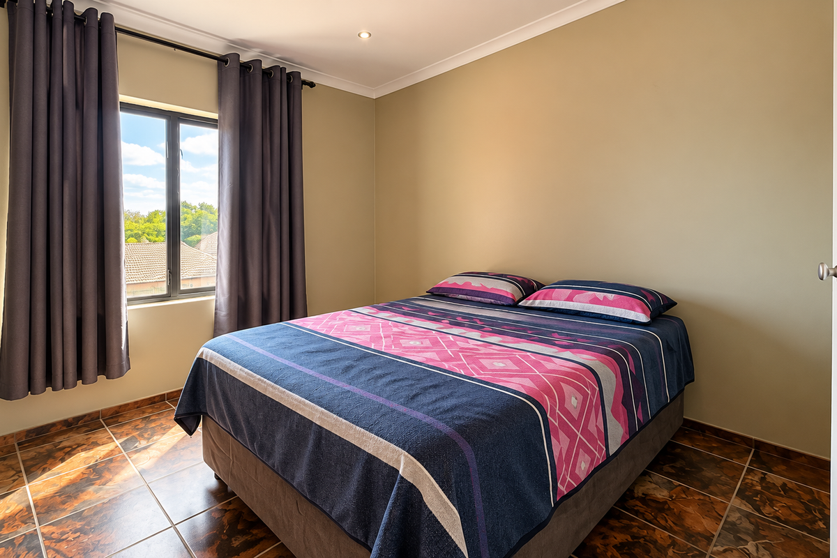 A well-lit bedroom featuring tiled flooring, coved ceilings, and a window with curtains, providing a functional and comfortable living space.