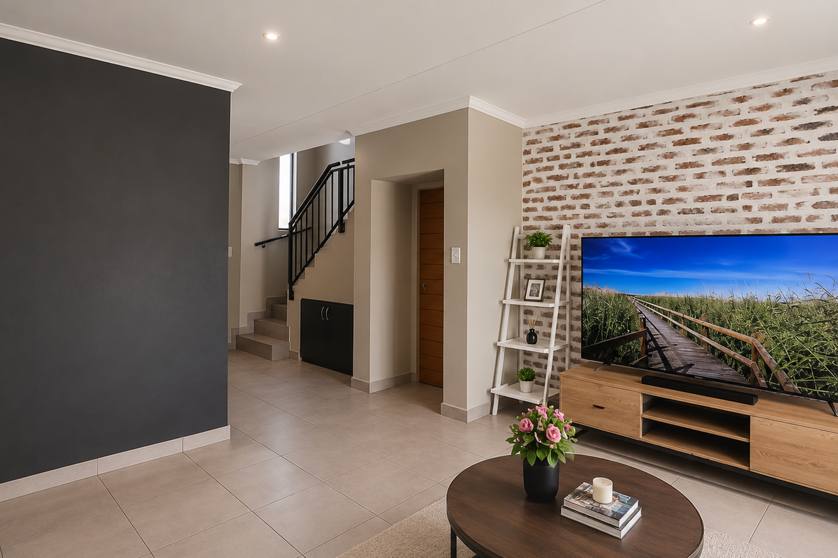 Modern living area featuring a striking exposed brick feature wall, neutral tiled flooring, and an open-plan layout leading to a staircase.