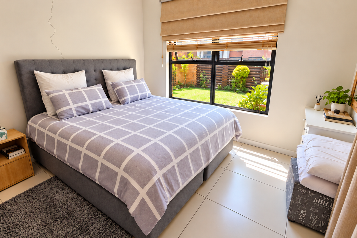 A bright bedroom featuring tiled flooring, a large window with roman blinds, and a view of the garden.