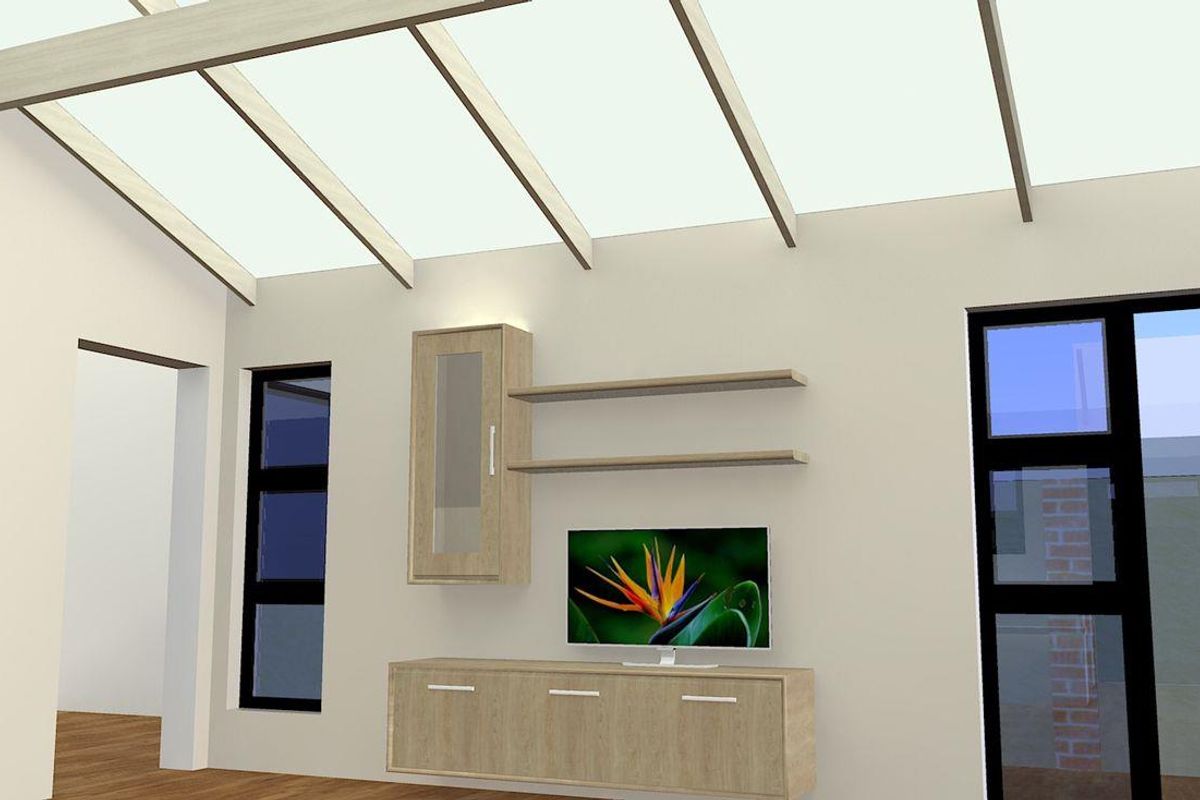 A 3D rendered interior view of a living area featuring a sloped skylight, built-in cabinetry, and modern window frames.