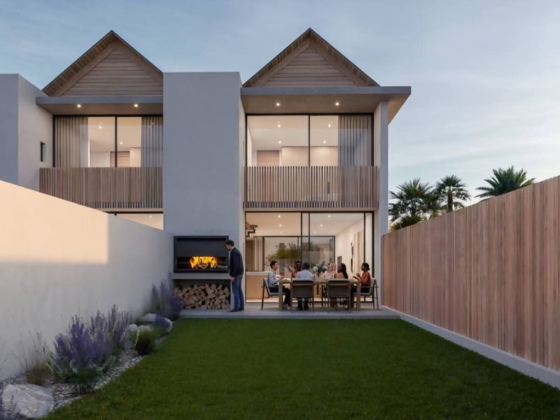 Rear view of a modern townhouse featuring a landscaped garden, timber fencing, and a built-in outdoor fireplace on the patio.