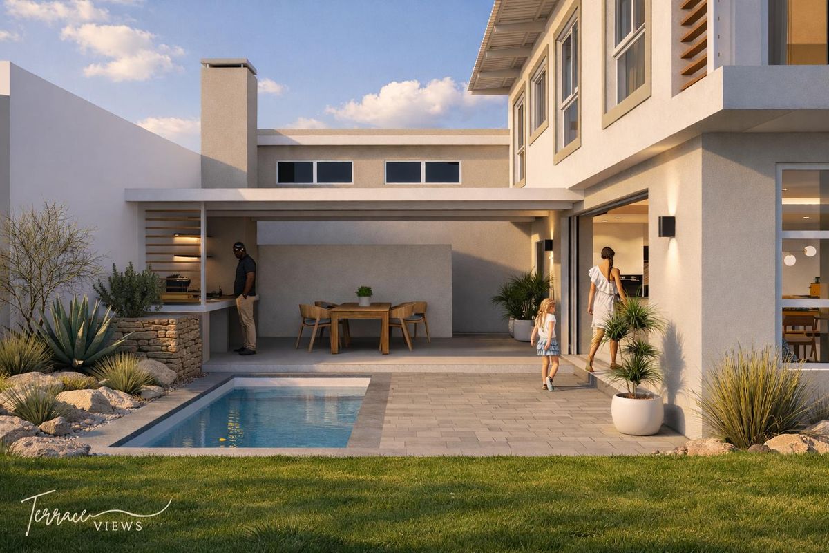 Modern outdoor entertainment area featuring a covered patio with built-in braai, swimming pool, and landscaped garden, seamlessly connected to the interior living space.