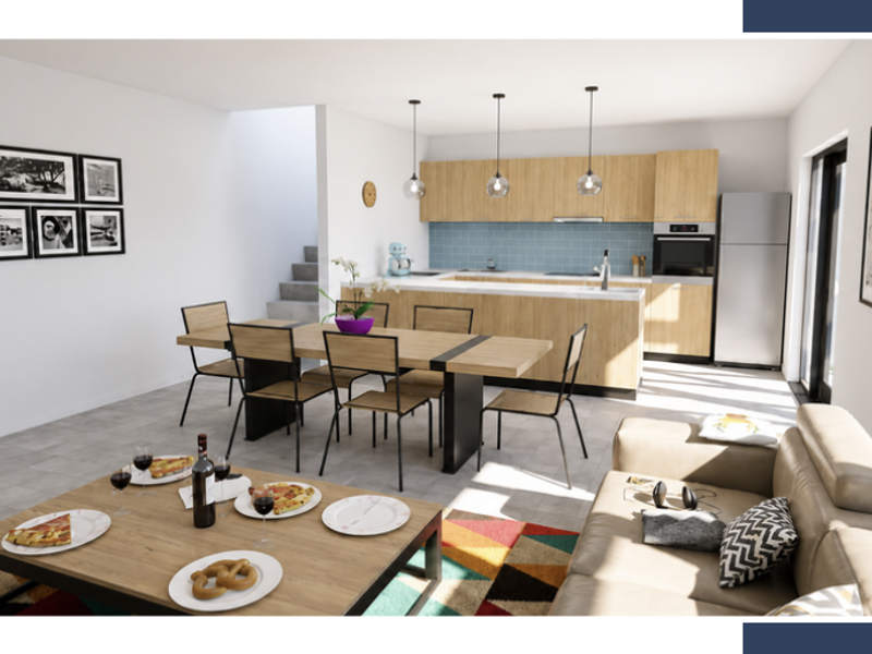 Modern open-plan living and kitchen area featuring light wood cabinetry, tiled backsplash, built-in oven, and direct access to an outdoor space.