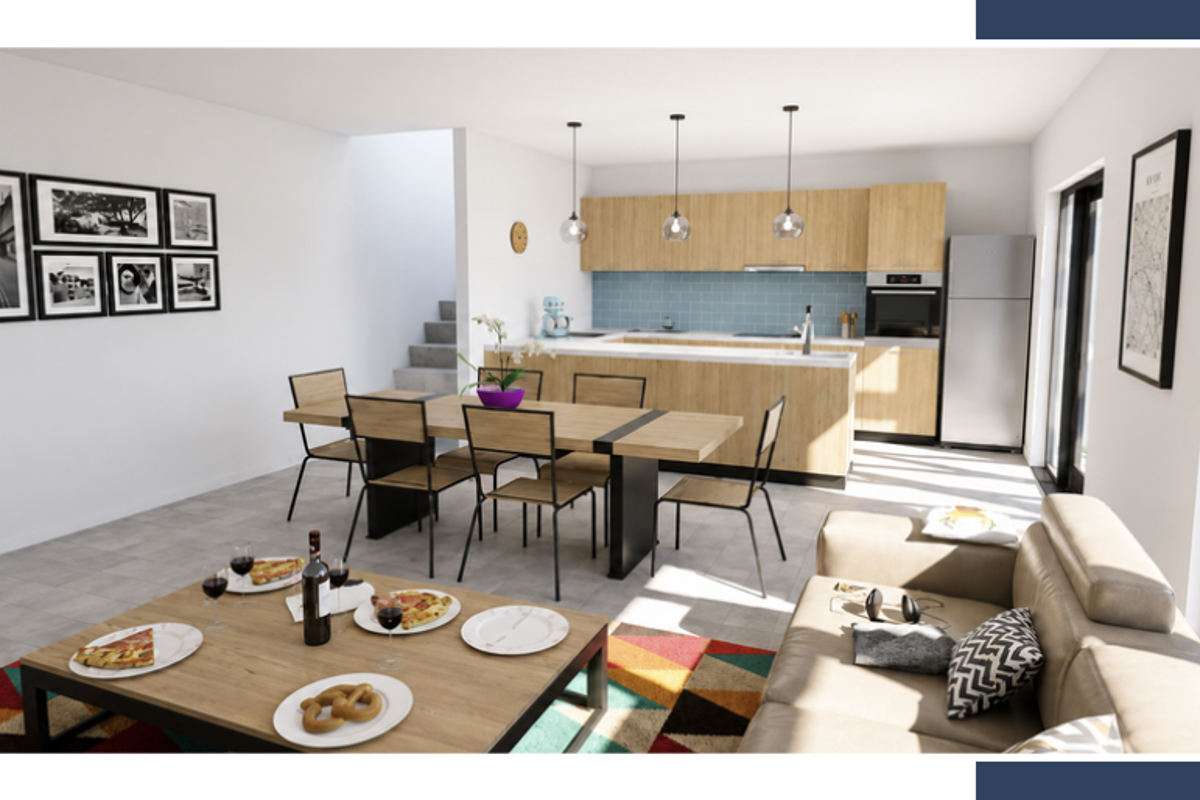 Modern open-plan living and kitchen area featuring light wood cabinetry, tiled backsplash, built-in oven, and direct access to an outdoor space.