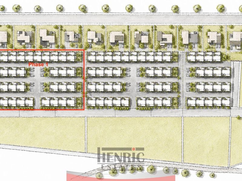 Site development plan for Henric Estates, highlighting the layout of townhouse units and the designated Phase 1 development area.