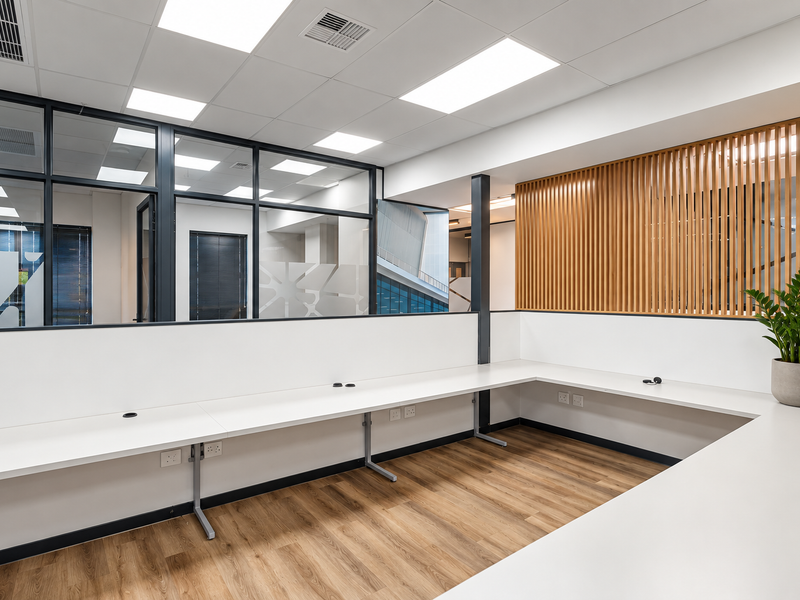 Modern office space featuring a built-in desk, glass partition walls, timber slat accent wall, and professional recessed lighting in a suspended ceiling.