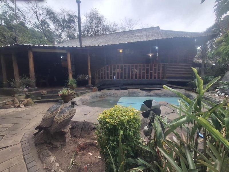 Outdoor pool area featuring a natural rock-style pool, timber decking, and a covered patio area attached to the cottage structure.
