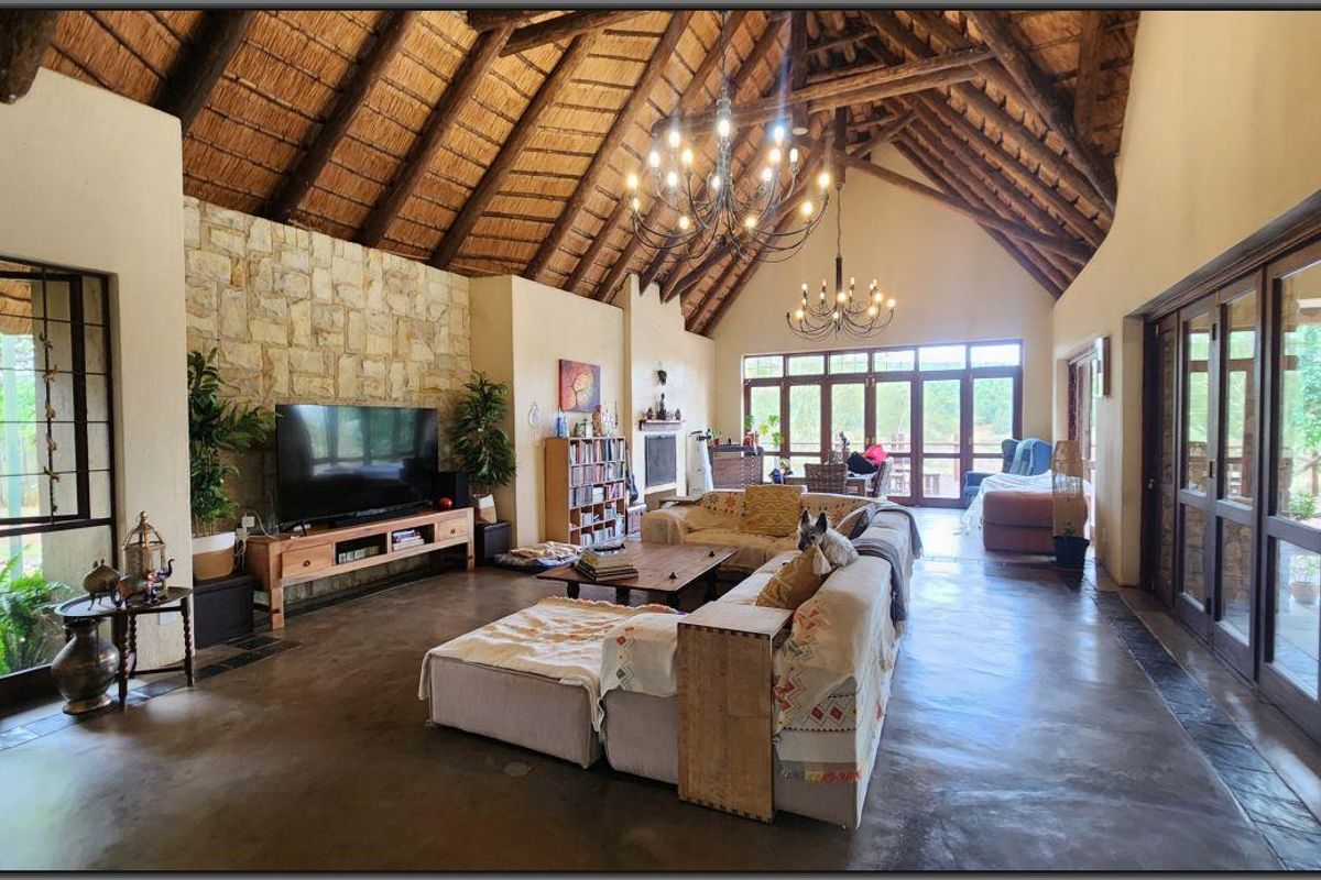 Spacious living area featuring a high vaulted thatched ceiling with exposed timber trusses, stone feature wall, polished concrete floors, and large glass doors.