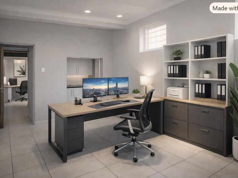 A modern, well-lit office space featuring tiled flooring, recessed lighting, and integrated storage cabinetry, with a view into an adjacent workspace.