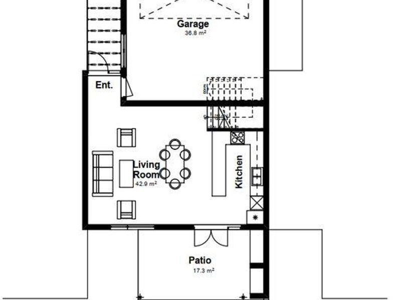 A detailed ground floor architectural plan showing the layout of the living room, kitchen, garage, and patio area.