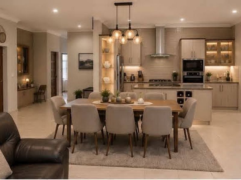 Spacious open-plan living and dining area featuring a modern kitchen with built-in appliances, island, and elegant lighting fixtures.