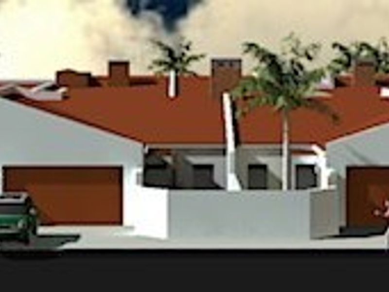 A digital rendering of a townhouse complex featuring multiple garage entrances, tiled roofing, and perimeter boundary walls.
