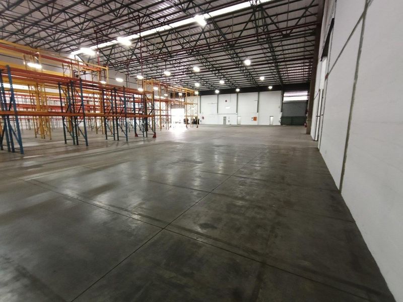 Spacious industrial warehouse featuring high ceilings, exposed steel trusses, polished concrete flooring, and integrated heavy-duty racking systems.