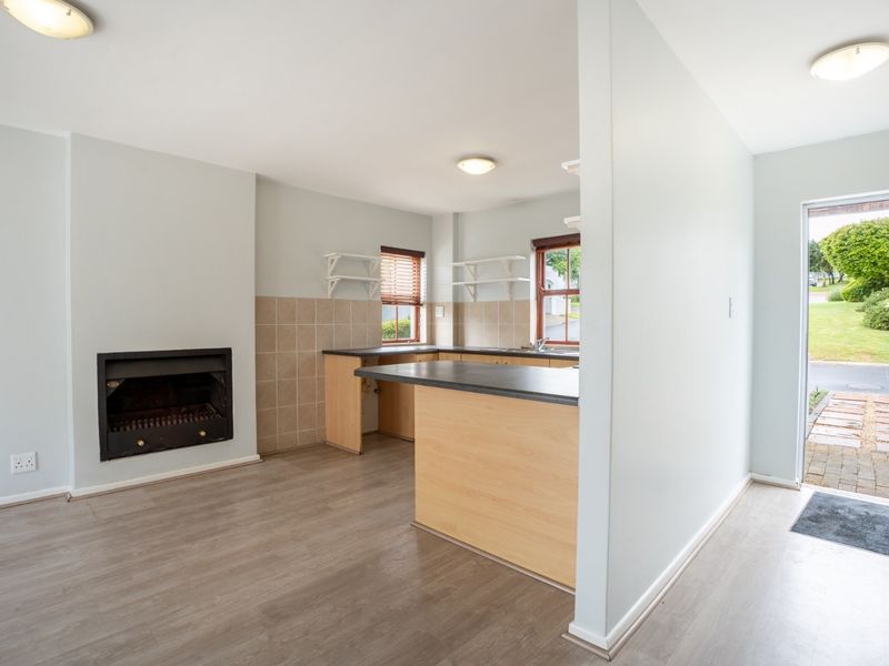 Open plan living and kitchen area featuring a built-in fireplace, light wood cabinetry, and laminate flooring with direct access to the exterior.